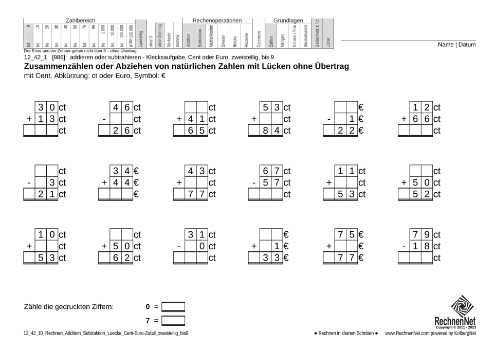 12_42_1 Rechnen Addition Subtraktion Lücke Cent-Euro zweistellig bis9