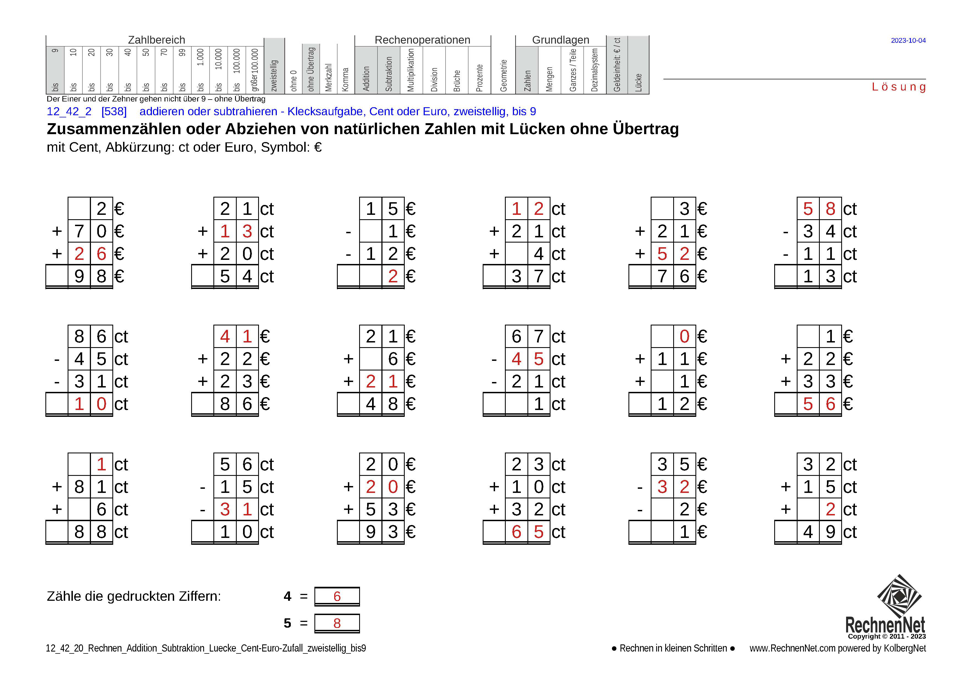 Lösung: 12_42_2 Rechnen Addition Subtraktion Lücke Cent-Euro zweistellig bis9