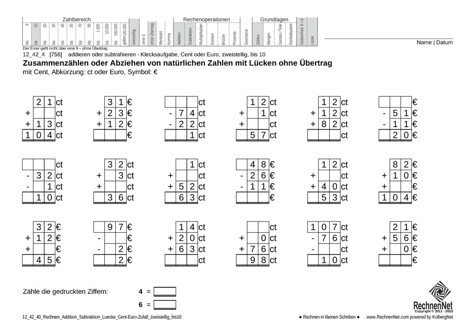 12_42_4 Rechnen Addition Subtraktion Lücke Cent-Euro zweistellig bis10