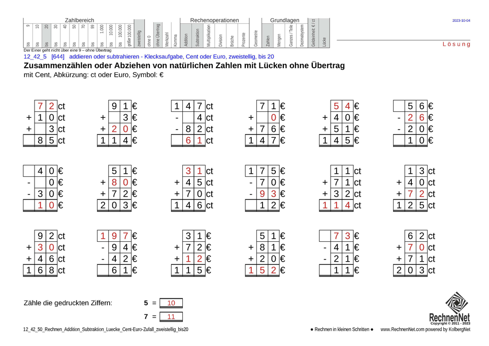 Lösung: 12_42_5 Rechnen Addition Subtraktion Lücke Cent-Euro zweistellig bis20