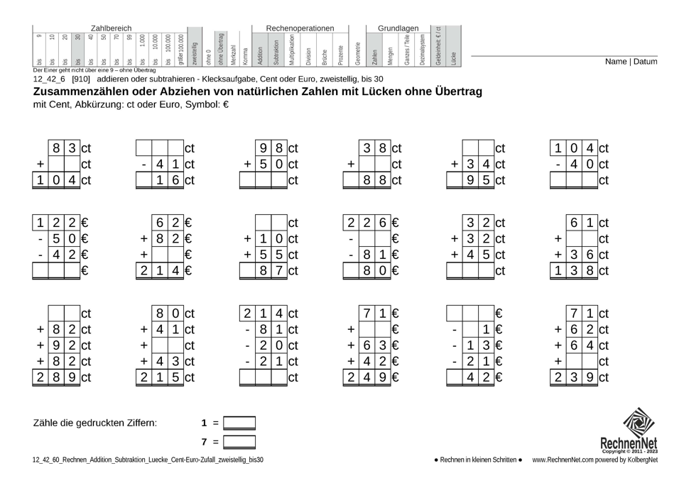 12_42_6 Rechnen Addition Subtraktion Lücke Cent-Euro zweistellig bis30