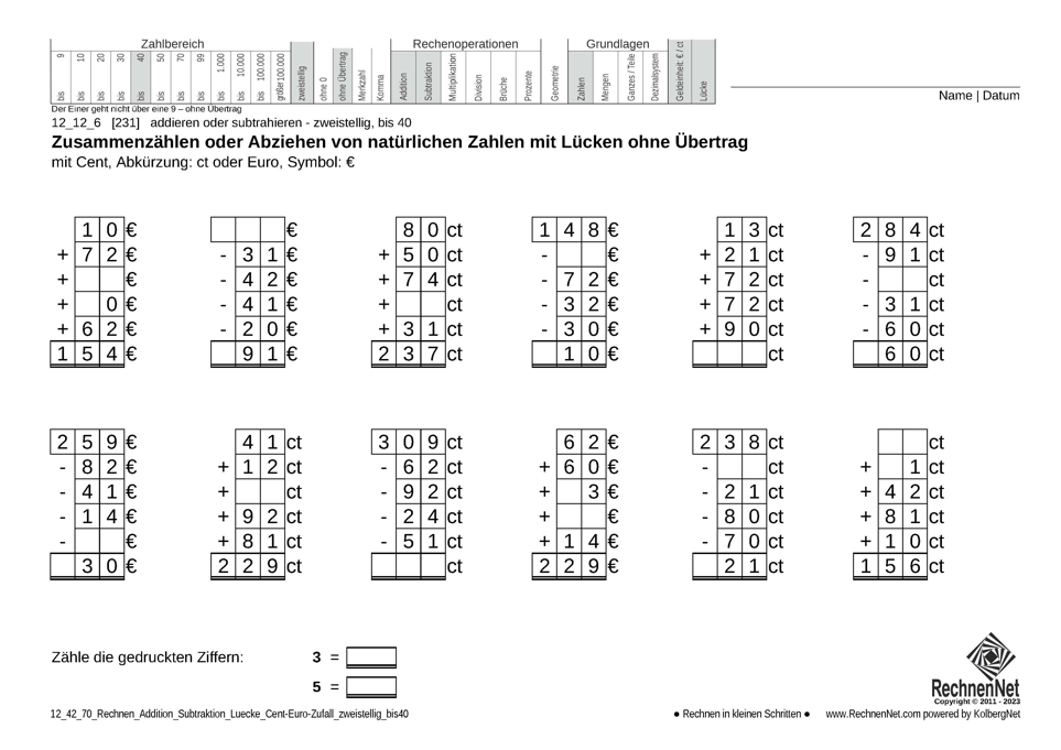 12_42_7 Rechnen Addition Subtraktion Lücke Cent-Euro zweistellig bis40