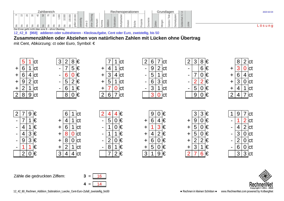 Lösung: 12_42_8 Rechnen Addition Subtraktion Lücke Cent-Euro zweistellig bis50