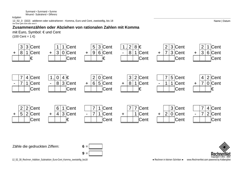 12_52_3 Rechnen Addition Subtraktion Euro-Cent Komma zweistellig bis18