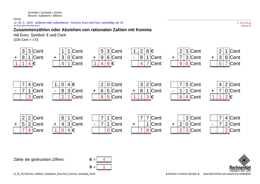 Lösung: 12_52_3 Rechnen Addition Subtraktion Euro-Cent Komma zweistellig bis18