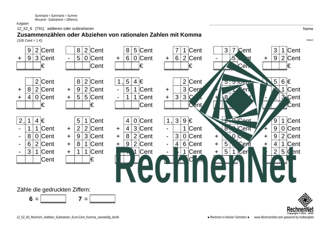 12_52_6 Rechnen Addition Subtraktion Komma Euro-Cent zweistellig_bis45