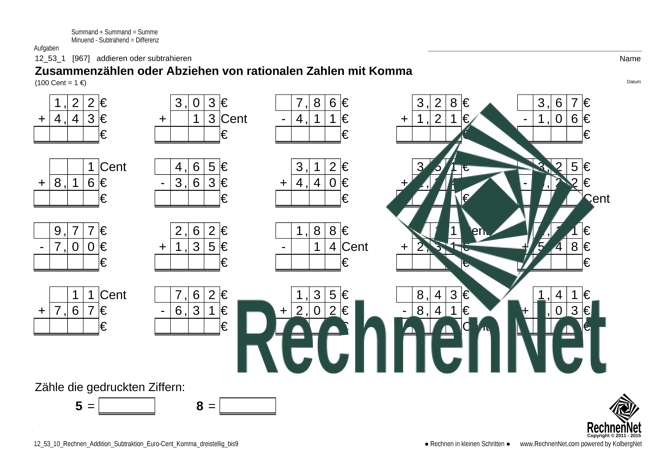 12_53_1 Rechnen Addition Subtraktion Komma Euro-Cent dreistellig_bis9