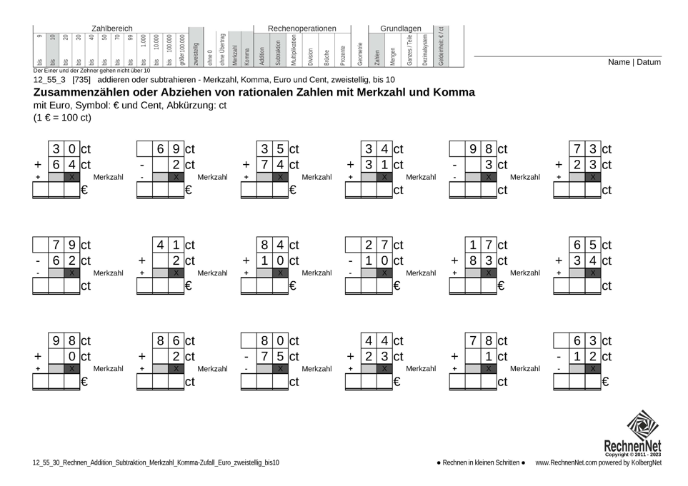 12_55_3 Rechnen Addition Subtraktion Merkzahl Komma Euro zweistellig bis10