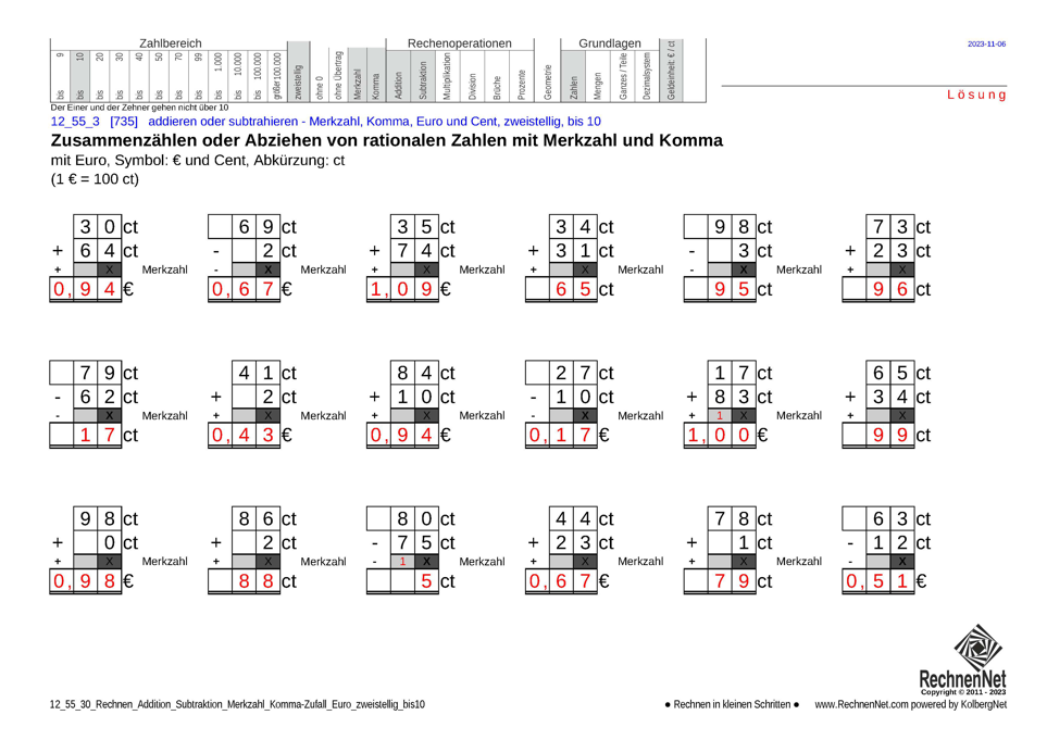 Lösung: 12_55_3 Rechnen Addition Subtraktion Merkzahl Komma Euro zweistellig bis10