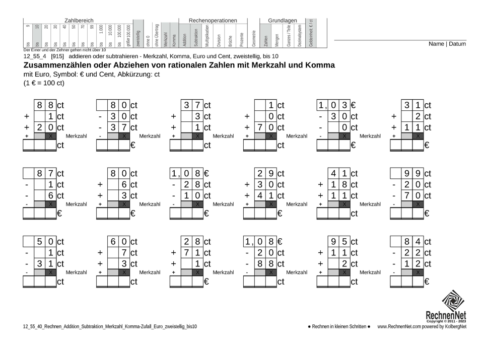 12_55_4 Rechnen Addition Subtraktion Merkzahl Komma Euro zweistellig bis10 12_55_4 Rechnen Addition Subtraktion Merkzahl Komma Euro zweistellig bis10