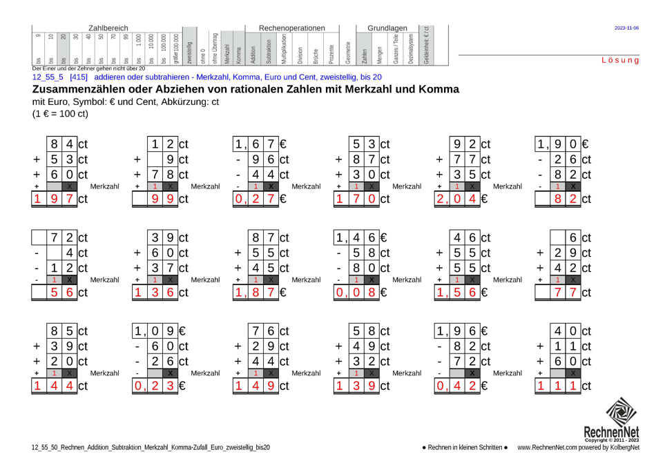 Lösung: 12_55_5 Rechnen Addition Subtraktion Merkzahl Komma Euro zweistellig bis20 Lösung: 12_55_5 Rechnen Addition Subtraktion Merkzahl Komma Euro zweistellig bis20