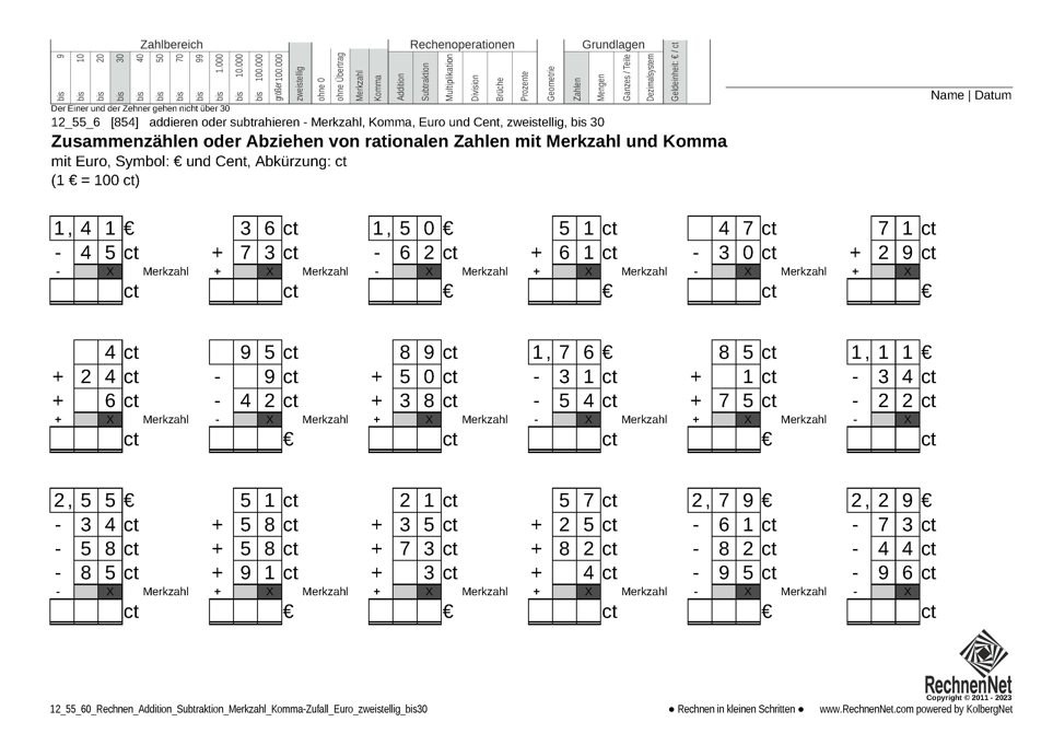 12_55_6 Rechnen Addition Subtraktion Merkzahl Komma Euro zweistellig bis30 12_55_6 Rechnen Addition Subtraktion Merkzahl Komma Euro zweistellig bis30