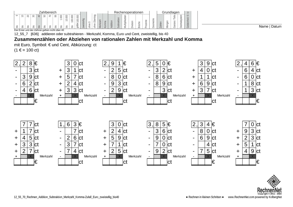12_55_7 Rechnen Addition Subtraktion Merkzahl Komma Euro zweistellig bis40 12_55_7 Rechnen Addition Subtraktion Merkzahl Komma Euro zweistellig bis40