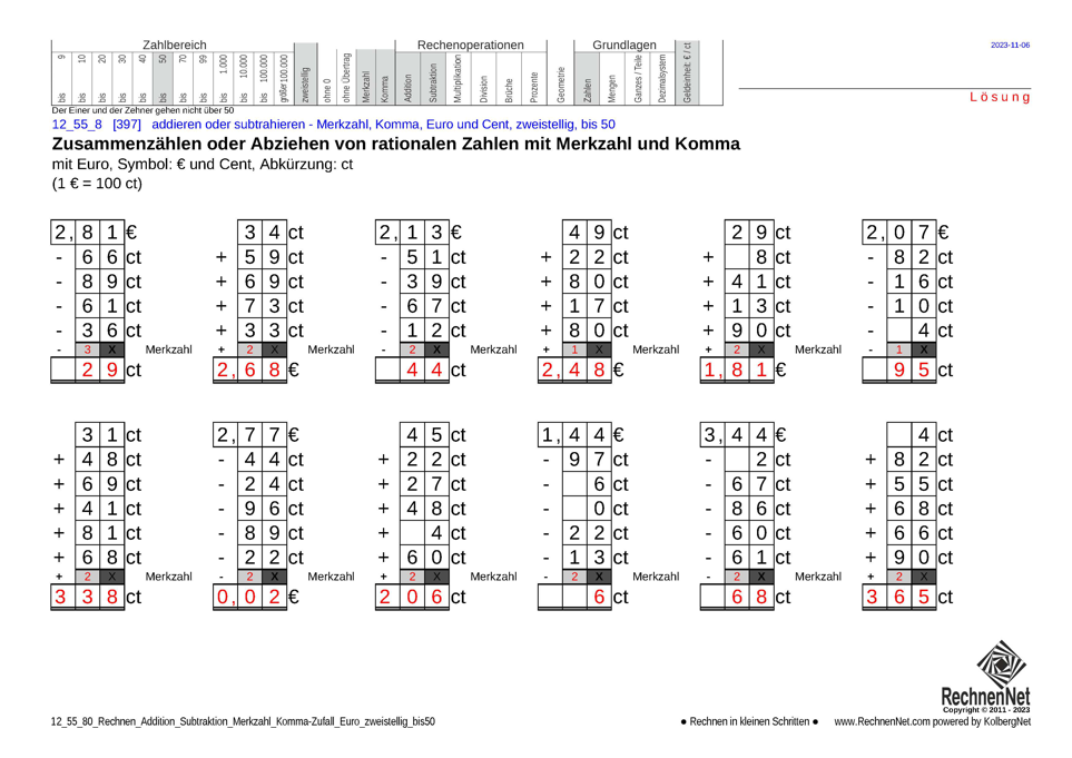 Lösung: 12_55_8 Rechnen Addition Subtraktion Merkzahl Komma Euro zweistellig bis50 Lösung: 12_55_8 Rechnen Addition Subtraktion Merkzahl Komma Euro zweistellig bis50