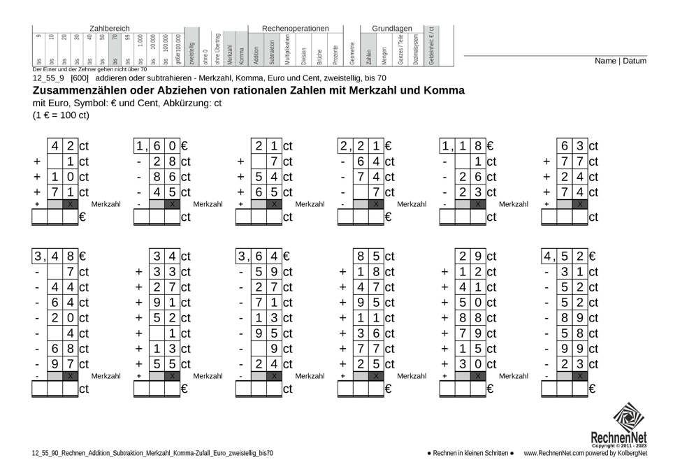 12_55_9 Rechnen Addition Subtraktion Merkzahl Komma Euro zweistellig bis70 12_55_9 Rechnen Addition Subtraktion Merkzahl Komma Euro zweistellig bis70
