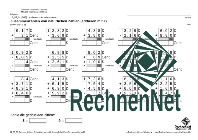 12_55_5 Rechnen Addition Subtraktion Merkzahl Komma Euro-Cent dreistellig_bis39