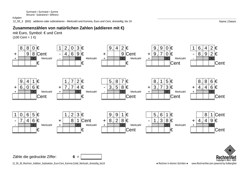 12_56_3 Rechnen Addition Subtraktion Merkzahl Komma Euro dreistellig bis19