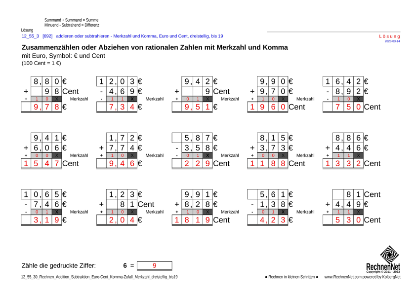 Lösung: 12_56_3 Rechnen Addition Subtraktion Merkzahl Komma Euro dreistellig bis19