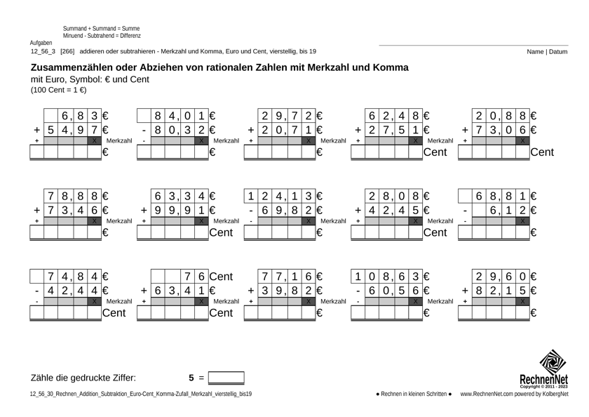12_57_3 Rechnen Addition Subtraktion Merkzahl Komma Euro vierstellig bis19