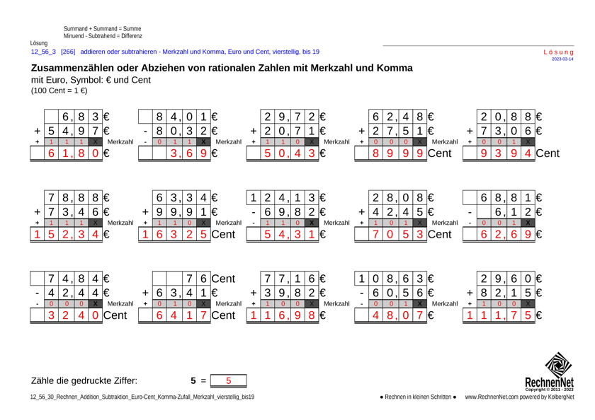 Lösung: 12_57_3 Rechnen Addition Subtraktion Merkzahl Komma Euro vierstellig bis19