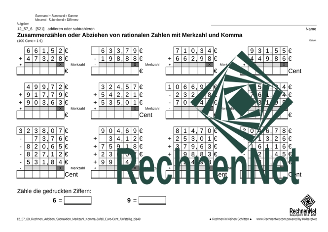 12_57_6 Rechnen Addition Subtraktion Merkzahl Komma Euro-Cent fünfstellig_bis49