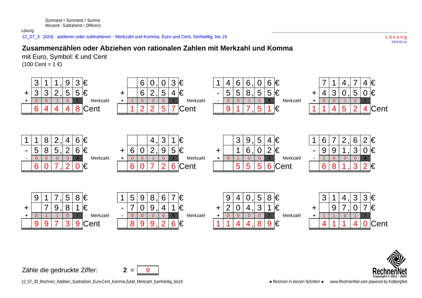 Lösung: 12_58_3 Rechnen Addition Subtraktion Merkzahl Komma Euro fünfstellig bis19