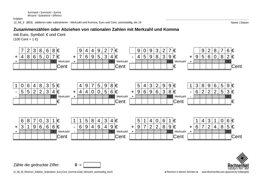 12_59_3 Rechnen Addition Subtraktion Merkzahl Komma Euro sechsstellig bis19