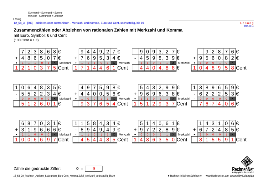 Lösung: 12_59_3 Rechnen Addition Subtraktion Merkzahl Komma Euro sechsstellig bis19