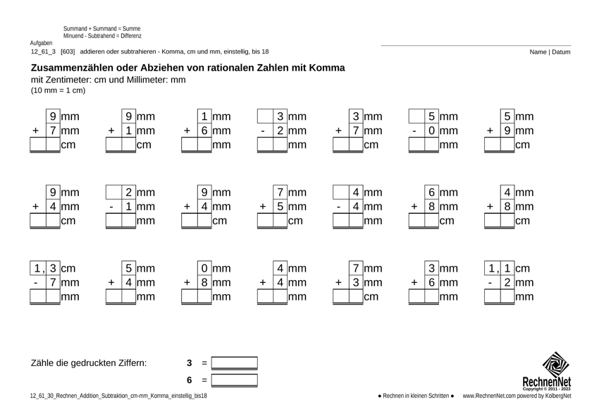 12_61_3 Rechnen Addition Subtraktion cm-mm Komma einstellig bis18