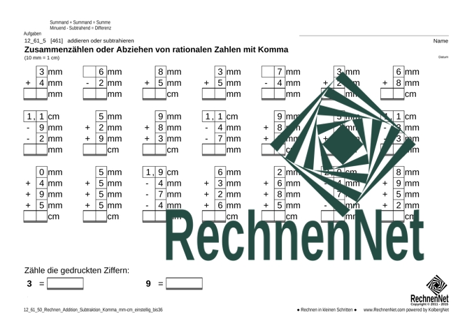 12_61_5 Rechnen Addition Subtraktion Komma mm-cm einstellig_bis36