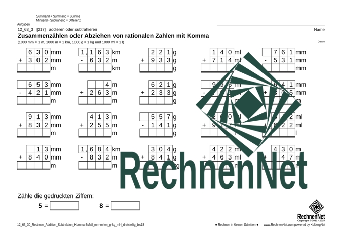 12_63_3 Rechnen Addition Subtraktion Komma mm-m-km g-kg ml-l dreistellig_bis18