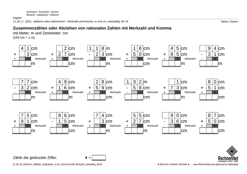 12_65_3 Rechnen Addition Subtraktion Merkzahl Komma m-cm zweistellig bis19