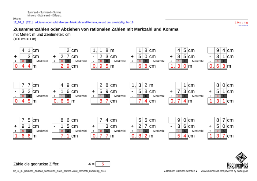 Lösung: 12_65_3 Rechnen Addition Subtraktion Merkzahl Komma m-cm zweistellig bis19