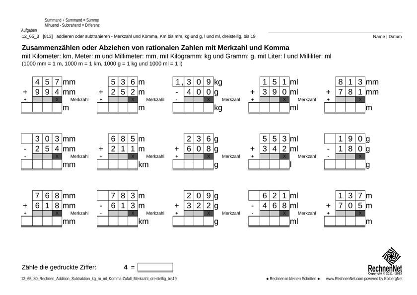 12_66_3 Rechnen Addition Subtraktion Merkzahl Komma kg_m_ml dreistellig bis19