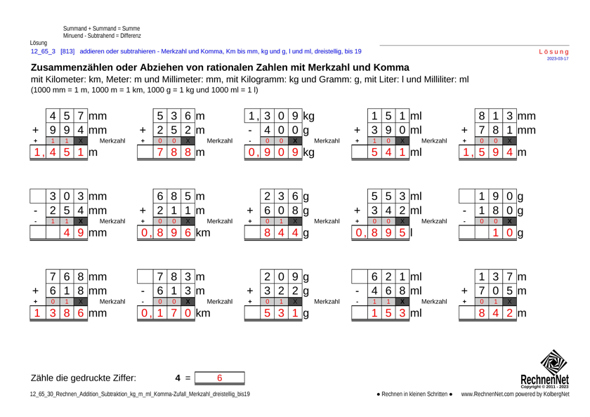 Lösung: 12_66_3 Rechnen Addition Subtraktion Merkzahl Komma kg_m_ml dreistellig bis19