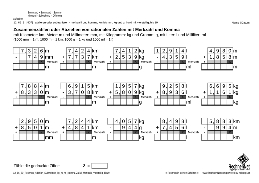 12_67_3 Rechnen Addition Subtraktion Merkzahl Komma kg_m_ml vierstellig bis19