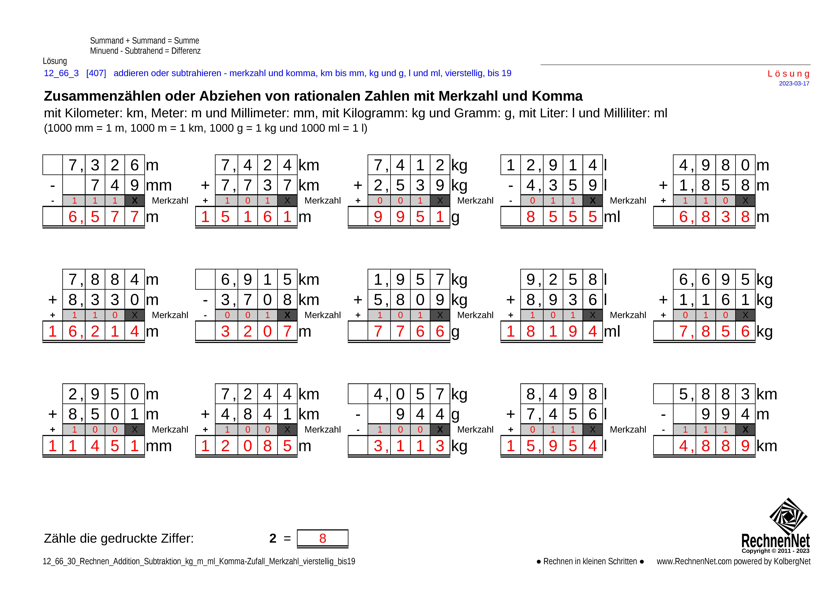 Lösung: 12_67_3 Rechnen Addition Subtraktion Merkzahl Komma kg_m_ml vierstellig bis19