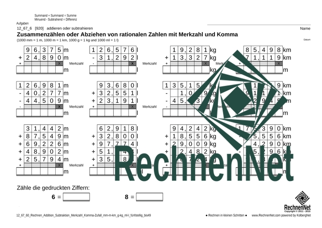 12_67_6 Rechnen Addition Subtraktion Merkzahl Komma mm-m-km g-kg ml-l fünfstellig_bis49