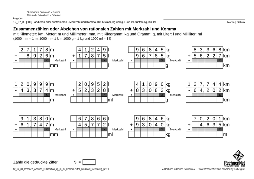 12_68_3 Rechnen Addition Subtraktion Merkzahl Komma kg_m_ml fünfstellig bis19