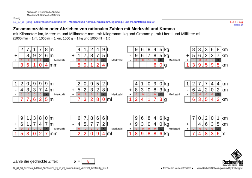 Lösung: 12_68_3 Rechnen Addition Subtraktion Merkzahl Komma kg_m_ml fünfstellig bis19