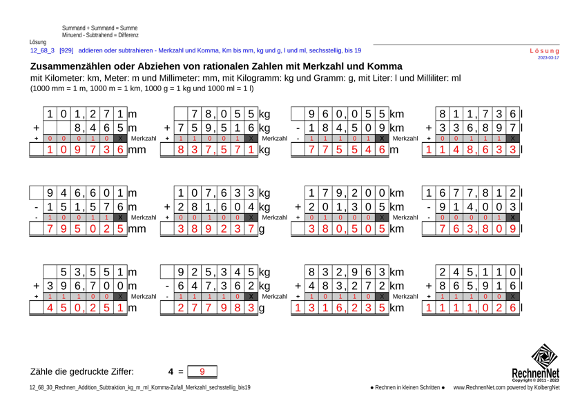 Lösung: 12_69_3 Rechnen Addition Subtraktion Merkzahl Komma kg_m_ml sechsstellig bis19