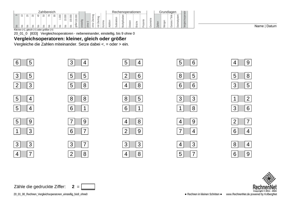 20_01_0 Rechnen Vergleichsoperatoren einstellig bis9 ohne0