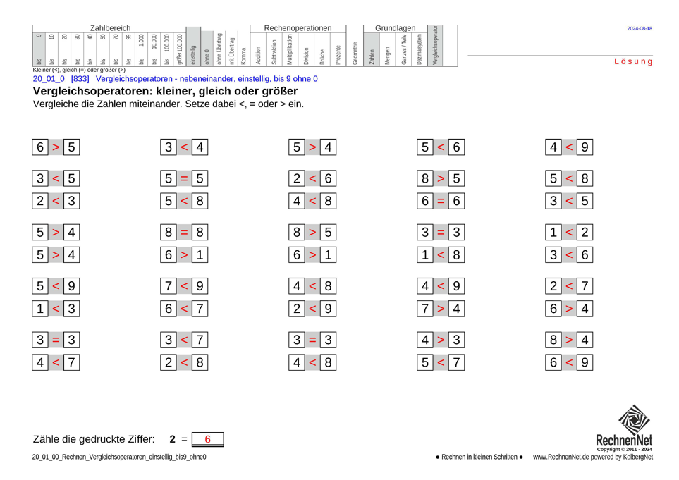 Lösung: 20_01_0 Rechnen Vergleichsoperatoren einstellig bis9 ohne0