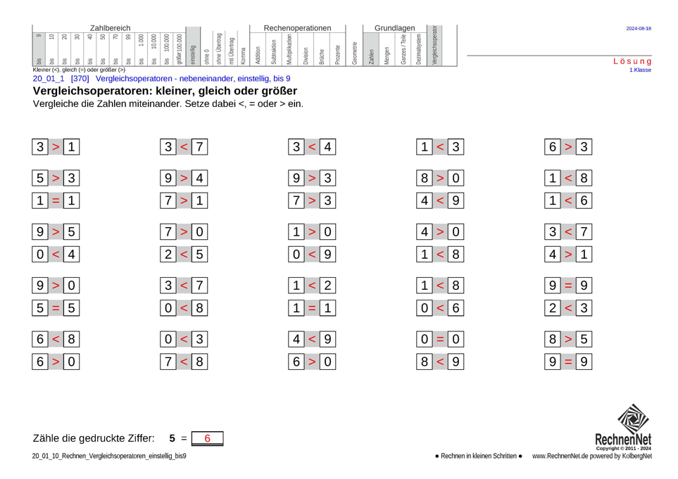Lösung: 20_01_1 Rechnen Vergleichsoperatoren einstellig bis9