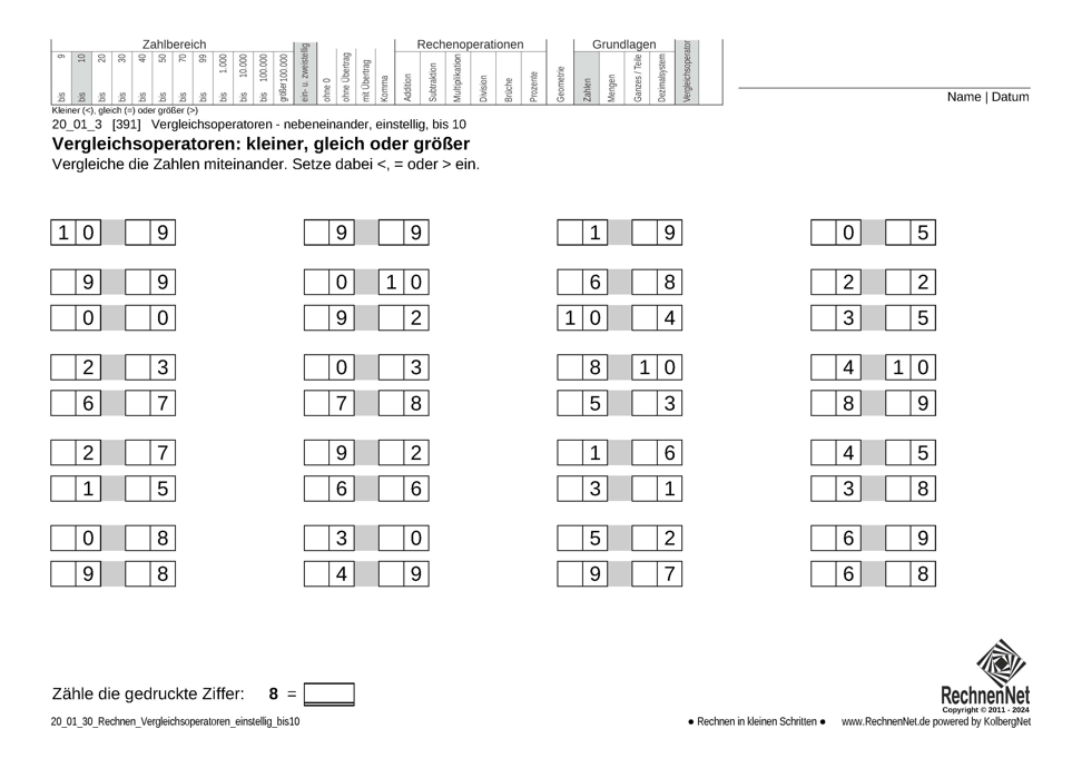 20_01_3 Rechnen Vergleichsoperatoren einstellig bis10