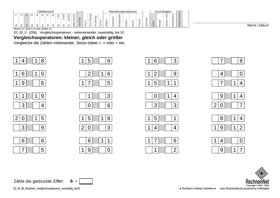 20_02_0 Rechnen Vergleichsoperatoren zweistellig bis20