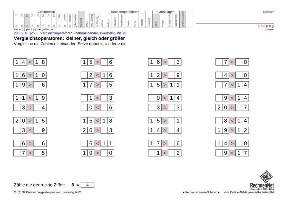 Lösung: 20_02_0 Rechnen Vergleichsoperatoren zweistellig bis20