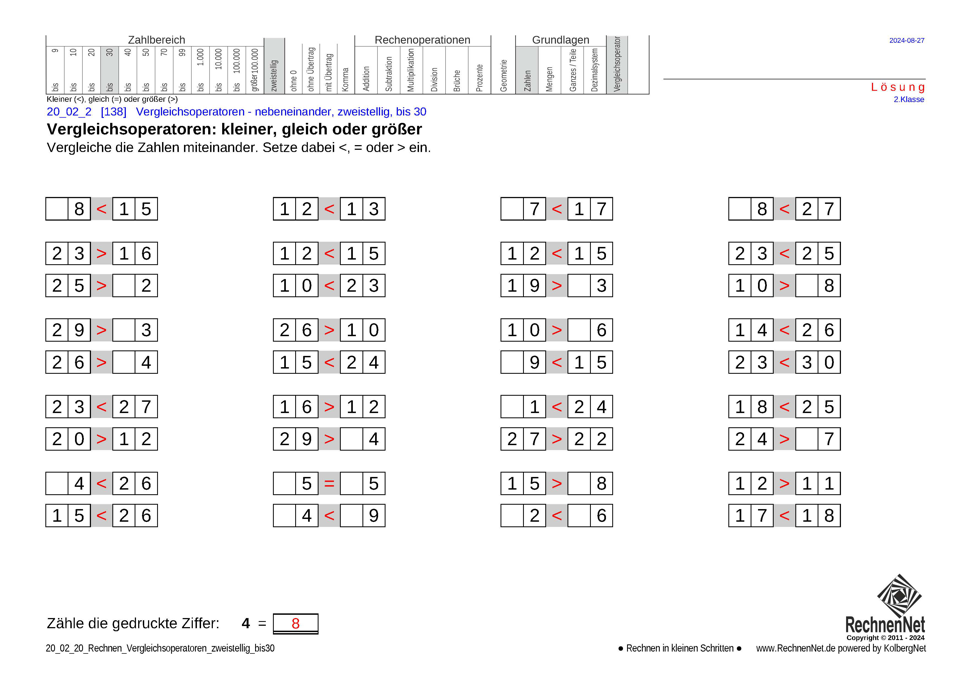Lösung: 20_02_2 Rechnen Vergleichsoperatoren zweistellig bis30