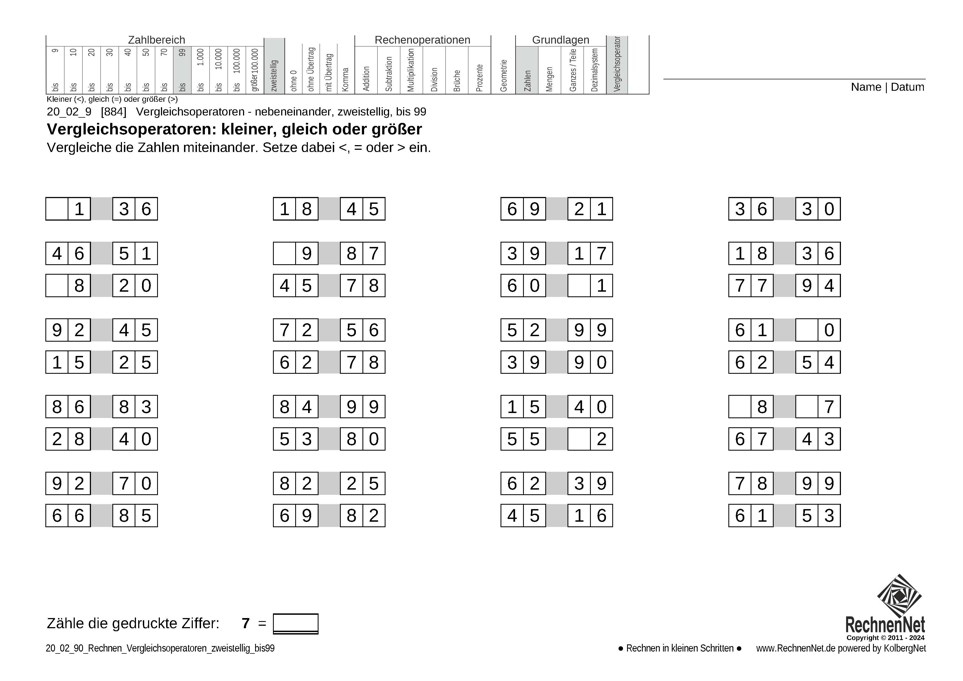 20_02_9 Rechnen Vergleichsoperatoren zweistellig bis99