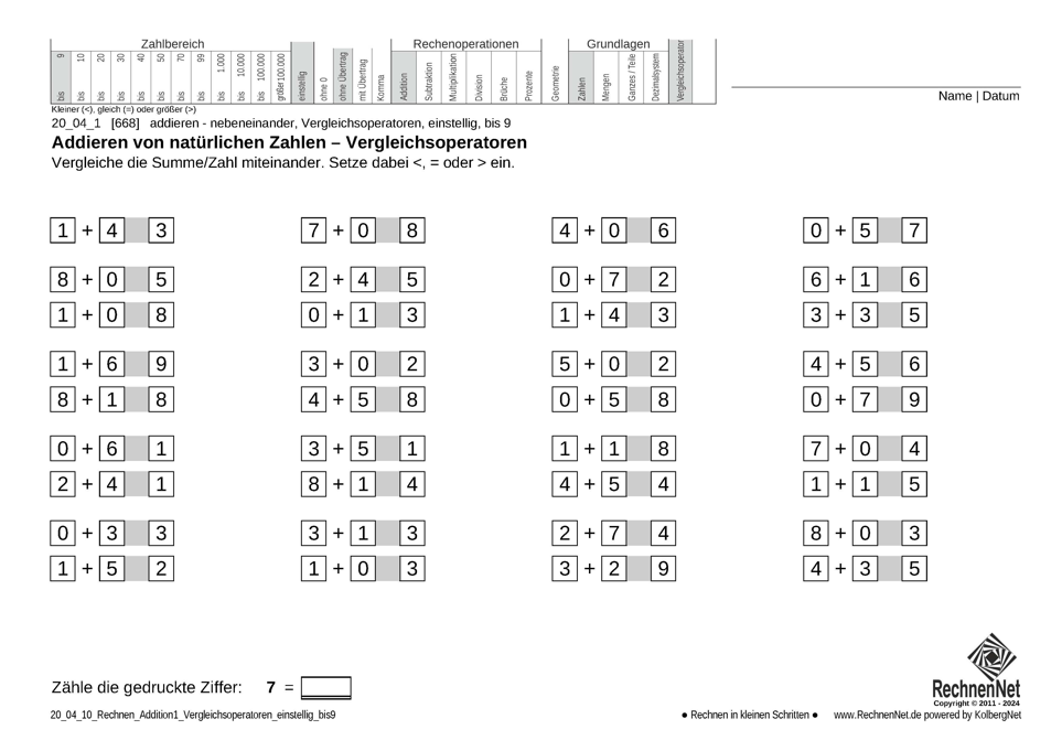 20_04_1 Rechnen Addition Vergleichsoperatoren einstellig bis9